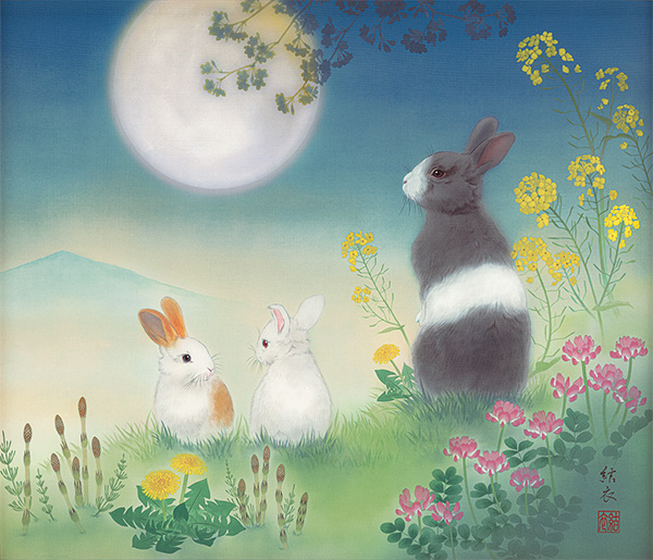 一斎 掛け軸 掛軸 直筆 夜桜 満月 朧月 日本画 絵画 春 桜 茶掛 肉筆