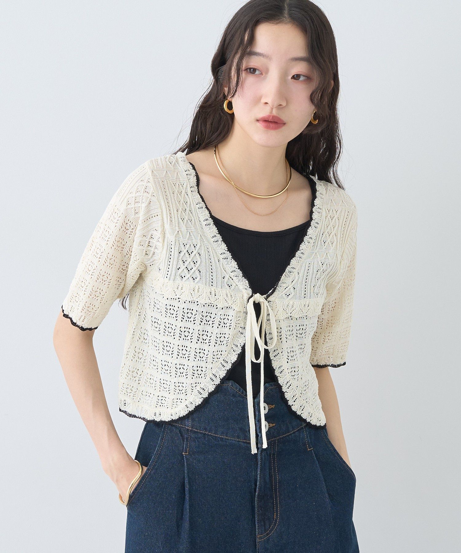 ミニスカラップ透かし編みニットカーディガン/earth music&ecology