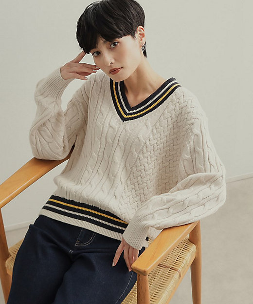 配色ラインチルデンVネックニット【洗濯機洗い可