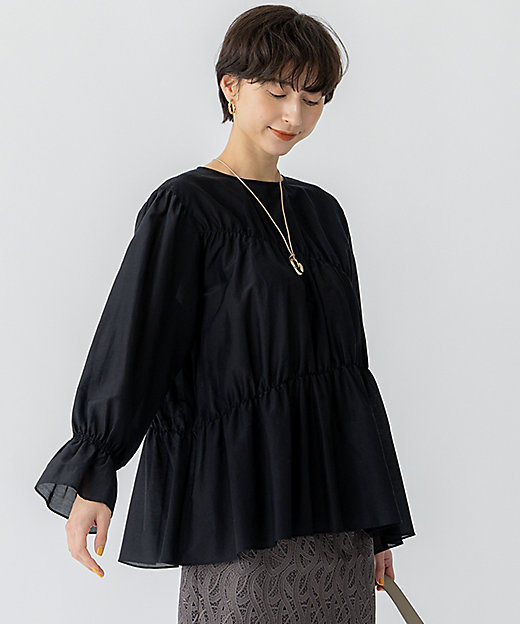 洗える】シアーコットンシルク シャーリング デザイン ブラウス
