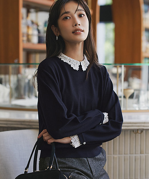 洗える】エンブロイダリー フラワーレースコンビ ニット