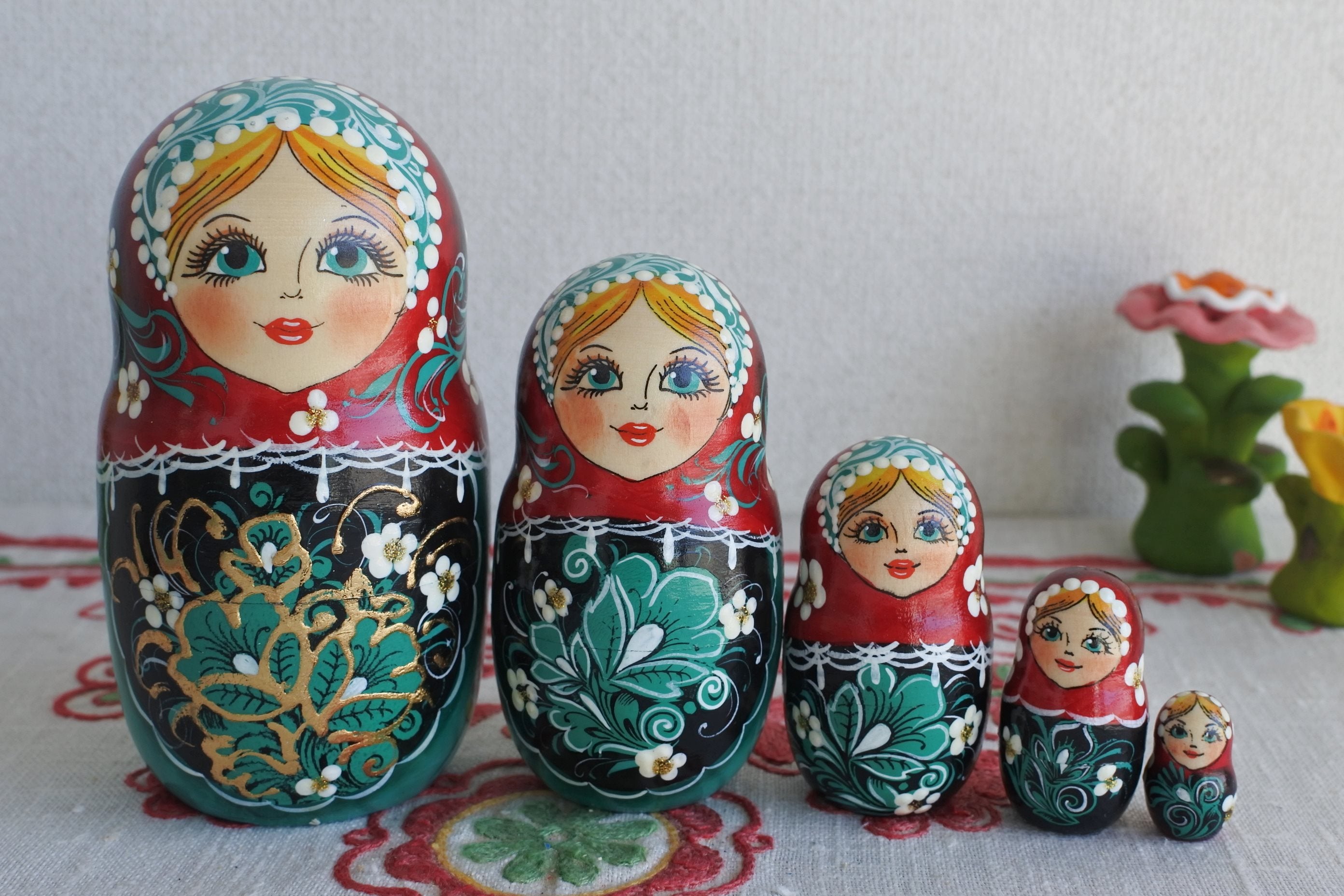 マトリョーシカ 7ピース ロシア民芸品 グリーン 小鳥 ロシア雑貨いりえ