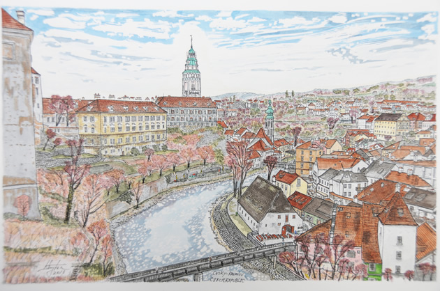 チェスキー・クルムロフ ペン水彩画｜ペン水彩画 KIMIO IWAZAKI（岩崎