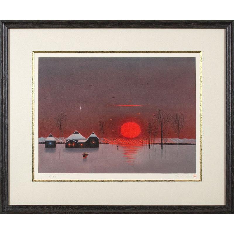 斎藤真一 「 紅い陽の村 」 リトグラフ 版画 版画 洋画 人物 風景 瞽女