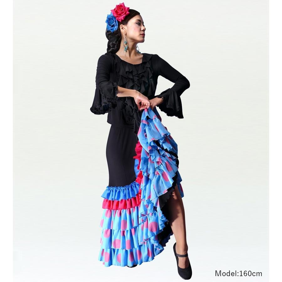 フラメンコ 水玉 フリル セミマーメイド ファルダ スカート ブルー