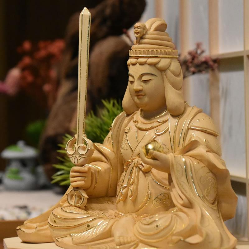 木彫り仏像 上彫【宇賀弁財天（弁才天）座像】 桧木 坐4.0寸 切金 : 海