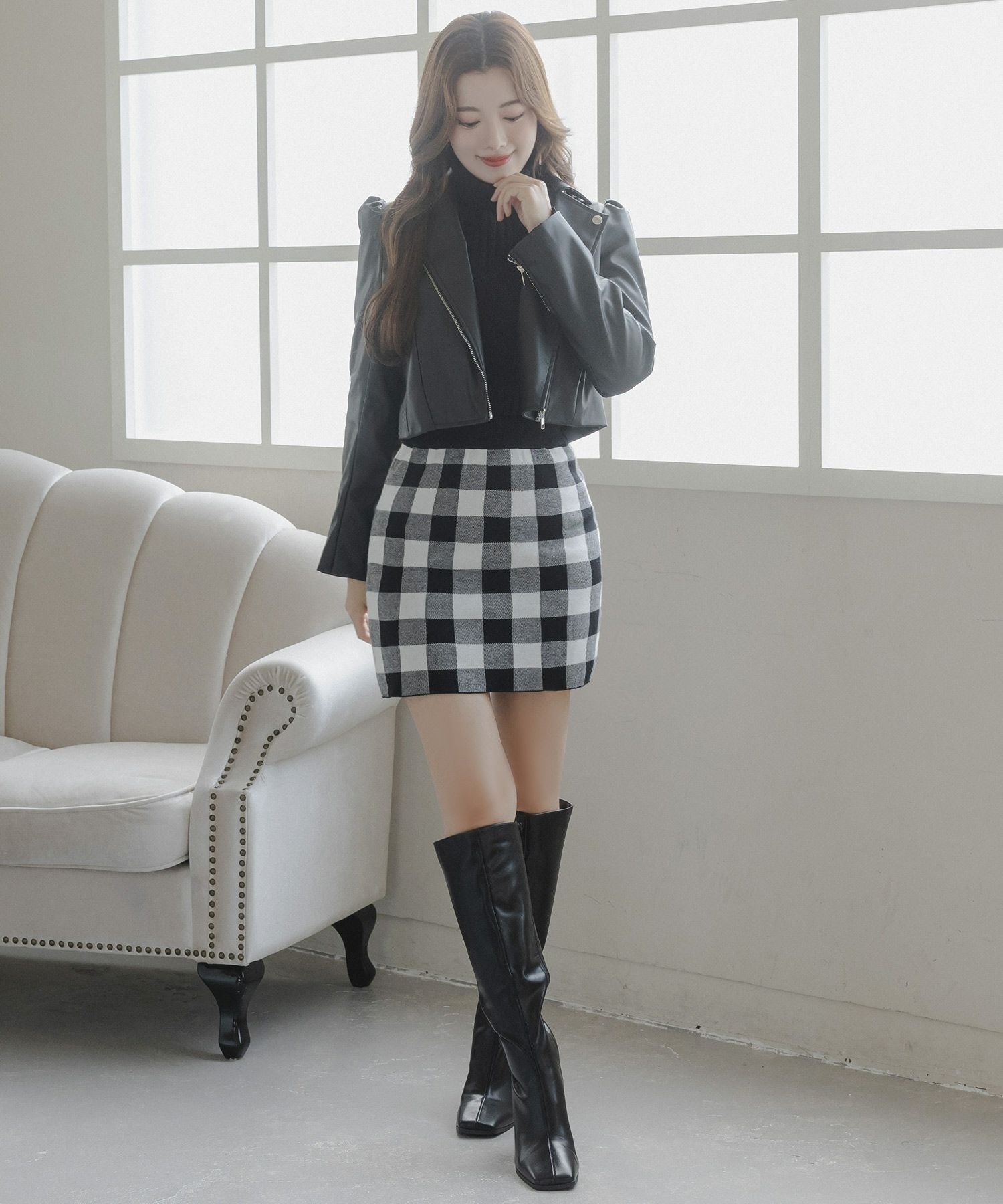 丈が選べるブロックチェック柄ニットスカート JB23555 | レディース