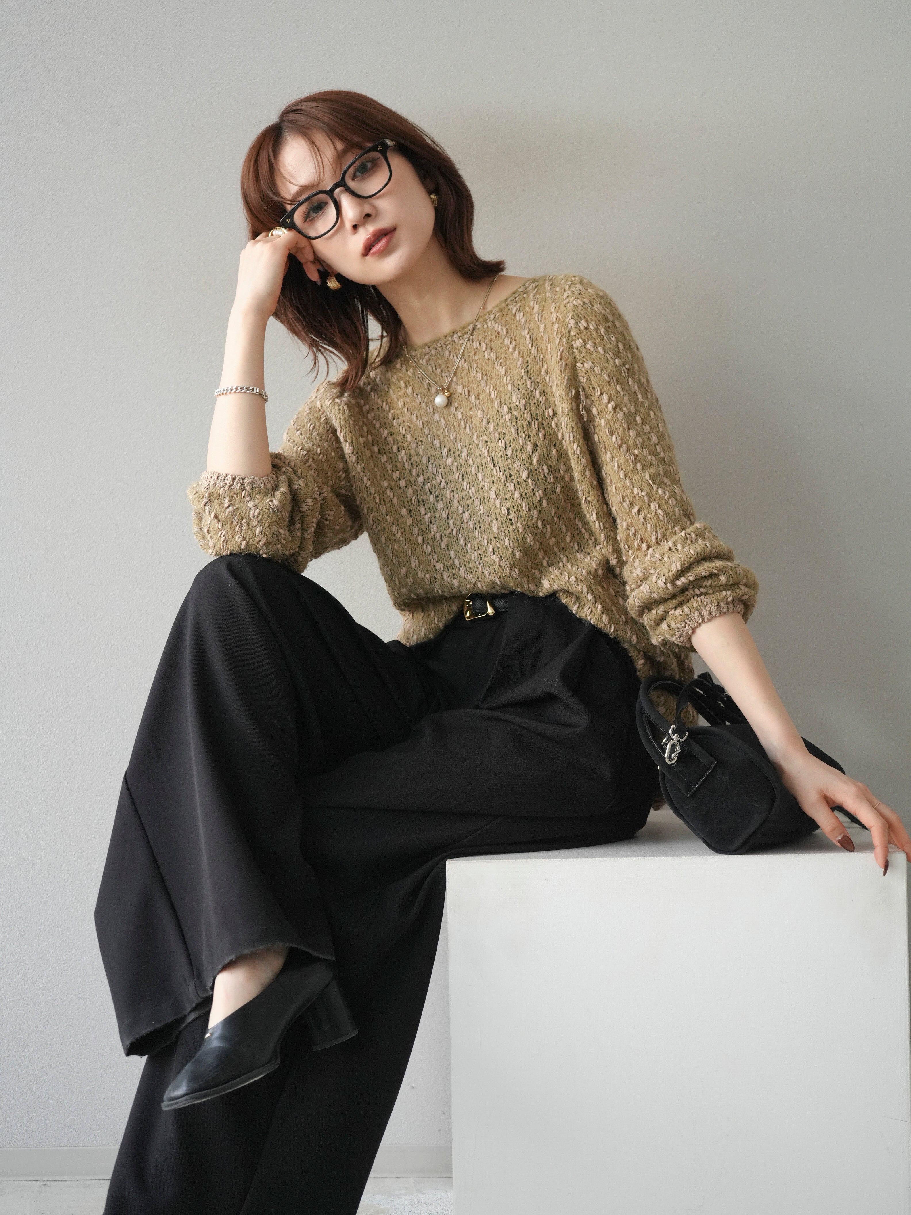 SET]異素材ミックスヤーンニットプルオーバー+ベルトループデザイン