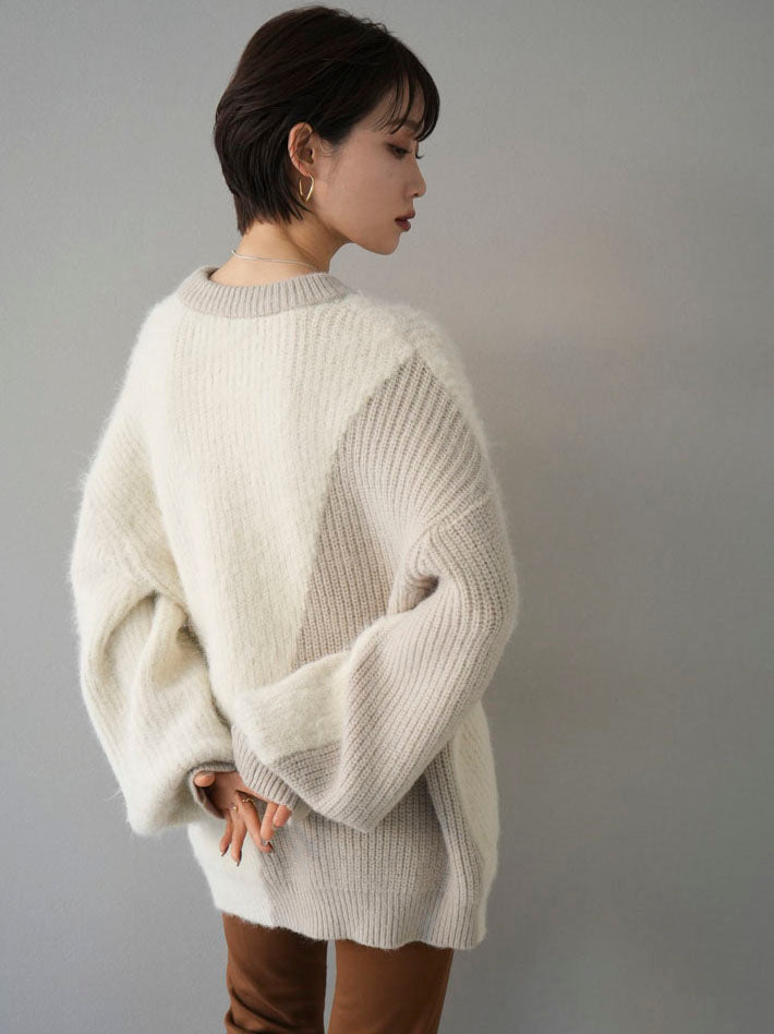 予約]異素材配色ボリュームスリーブニット/アイボリー – Lumier