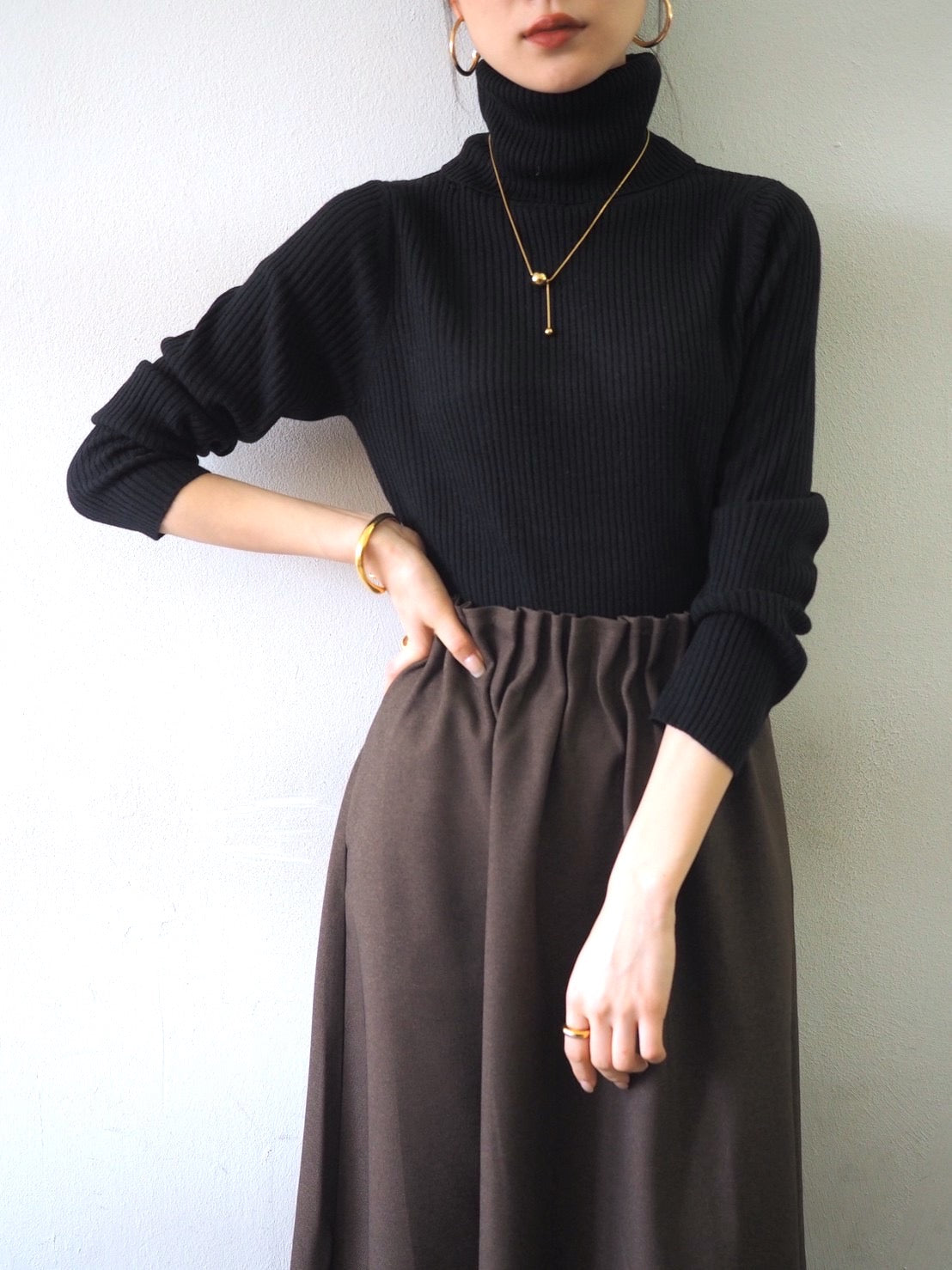 予約]リブタートルネックニットトップス/ブラック – Lumier