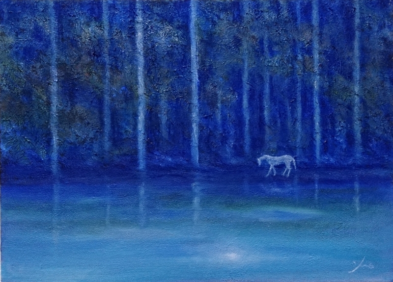 絵画のミクストメディアで藤田高明が描いた絵「白馬の森」を購入