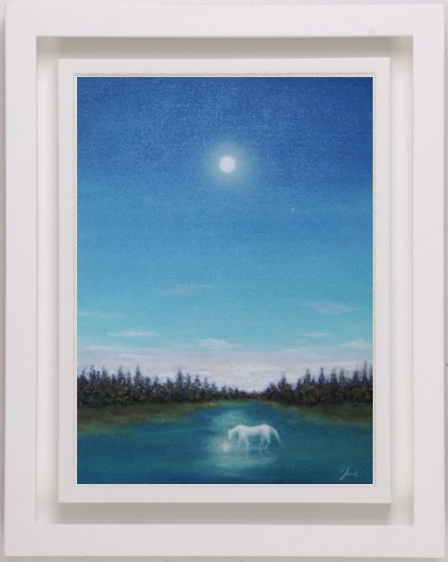 馬の絵をミクストメディアの絵画で描いた藤田高明の白馬の絵「朝の月」