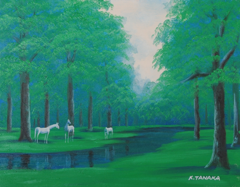 油絵の絵画で田中幸一が描いた馬の絵の油絵「湖畔」を購入