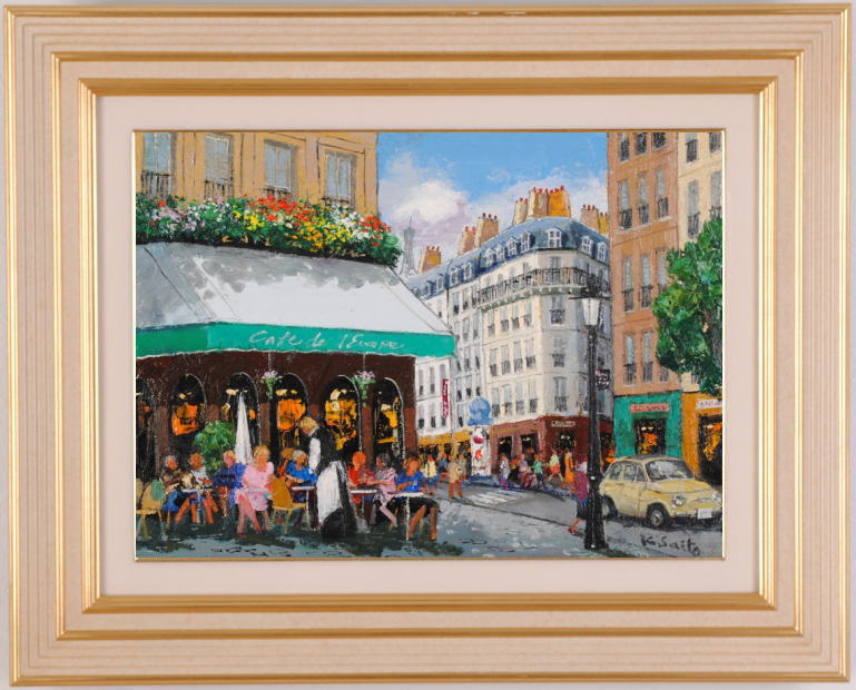 油絵の絵画で斉藤要が描いたパリの絵の油絵「街角のカフェ」をご購入