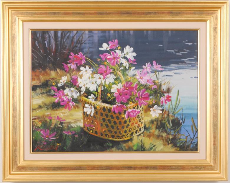 花の絵画を油絵で描いた田中清の花の絵「水辺のコスモス」をご購入