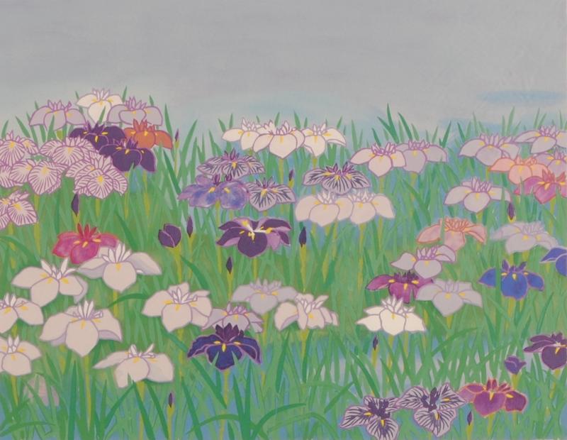 三輪晁勢がリトグラフの版画で制作した和の花の絵画「菖蒲」を通販で販売