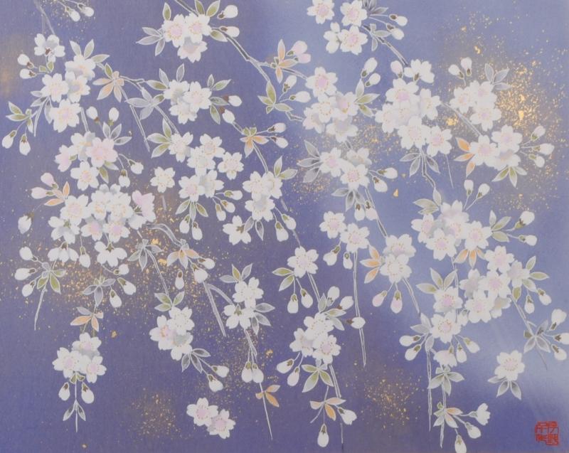 桜の絵画をシルクスクリーンの版画で制作した宇野千代の和の桜の絵「夜