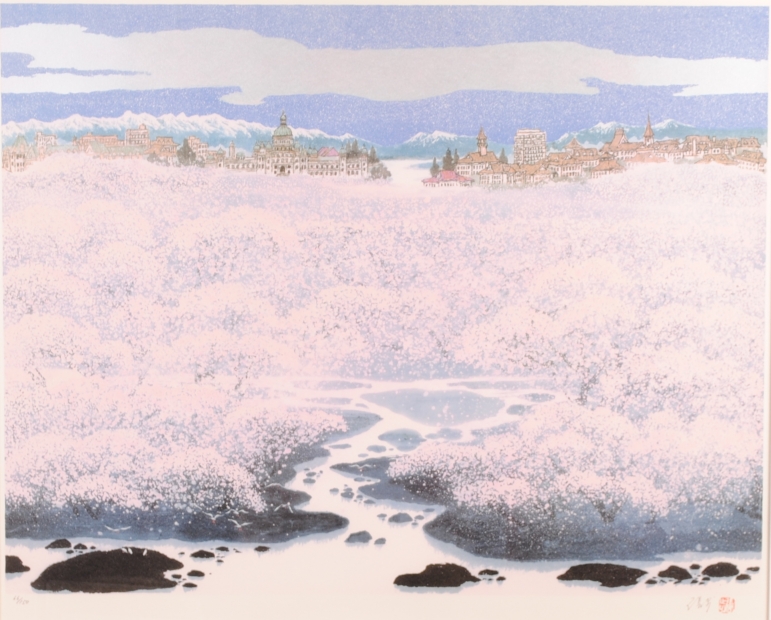 チャン・プー(張歩)がリトグラフの版画で制作した絵「カナダの春」を