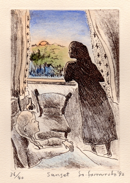 銅版画(エッチング)に手彩色を施して制作した山本容子の絵「サンセット