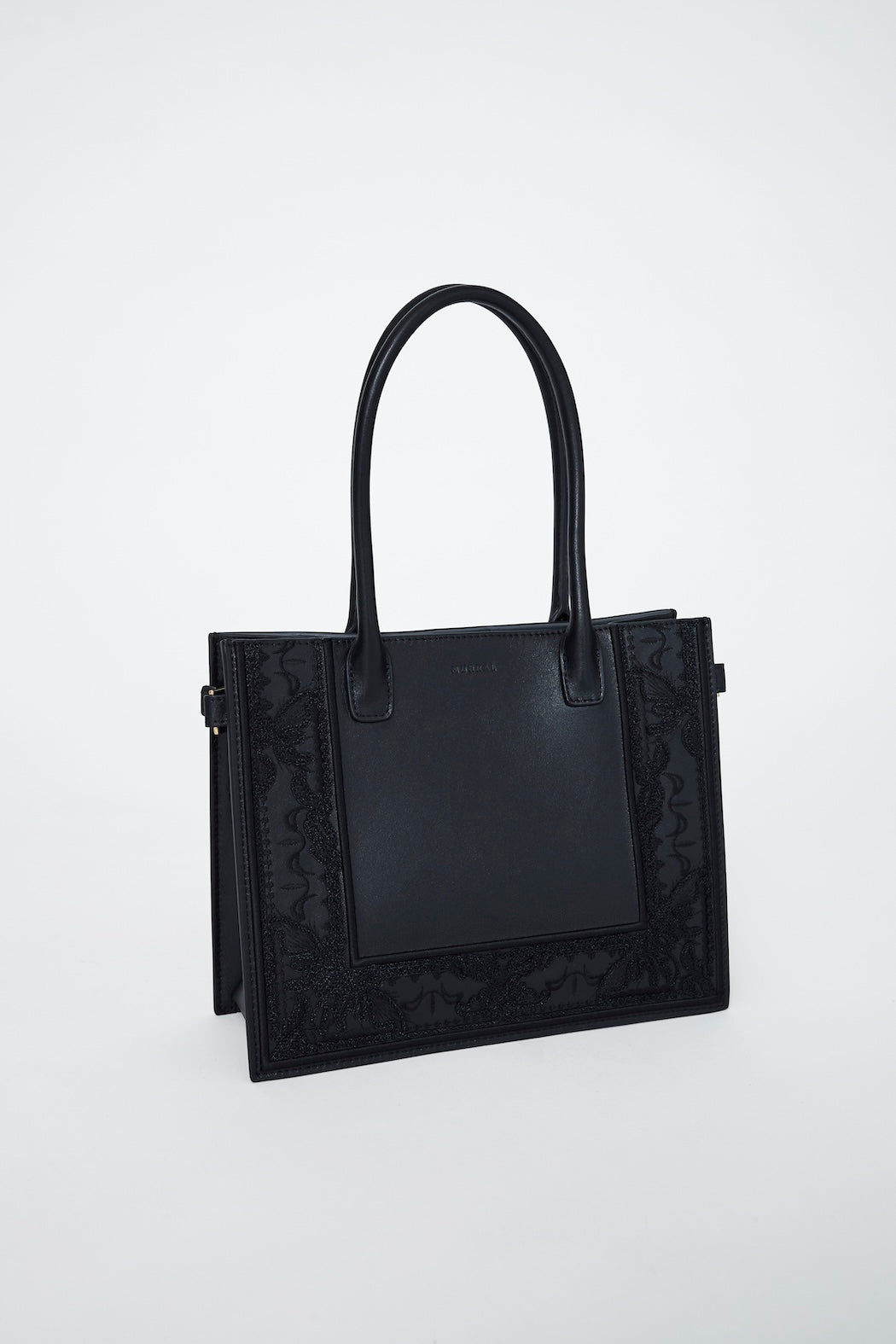 Framed embroidered leather small bag (Black) - ミニレザーハンドバッグ