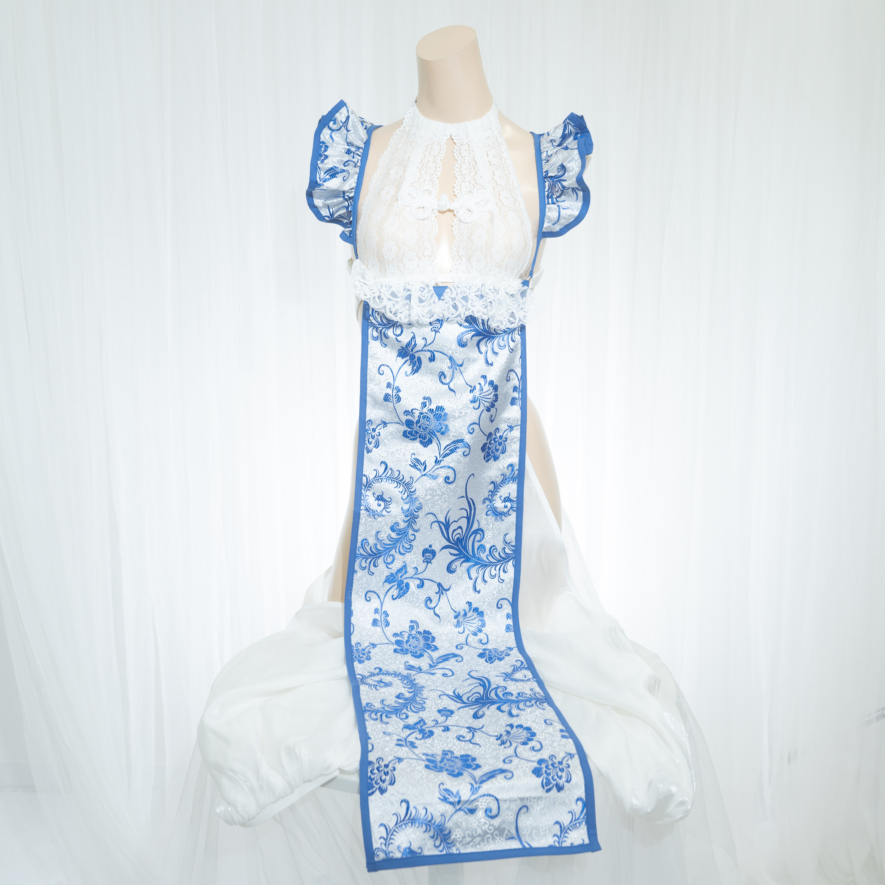 D0069 チャイナエプロン 3点セット 白青/M企画｜NANIKIRU