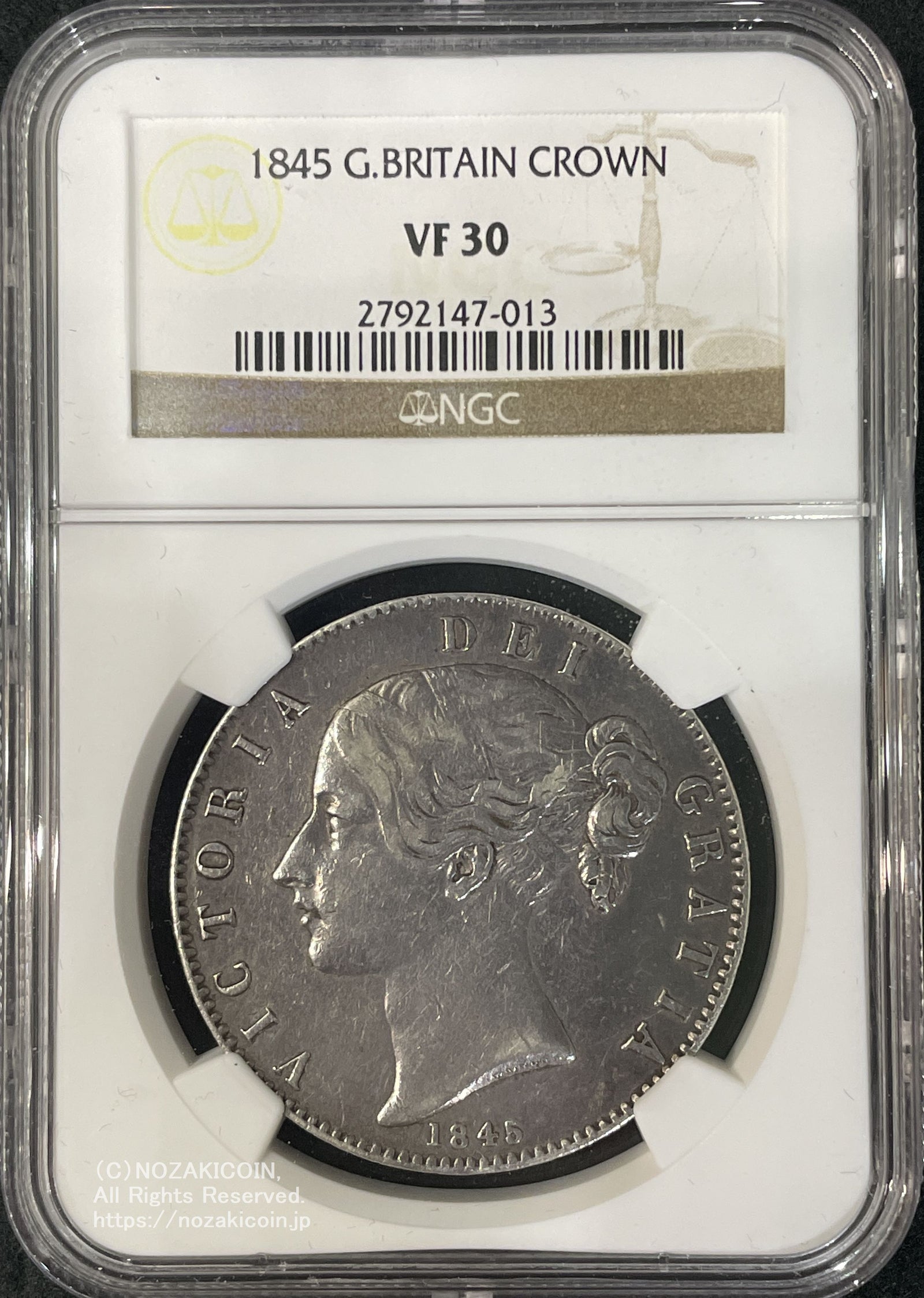 イギリス ヴィクトリア クラウン銀貨 ヤングヘッド 1845年 NGC VF30