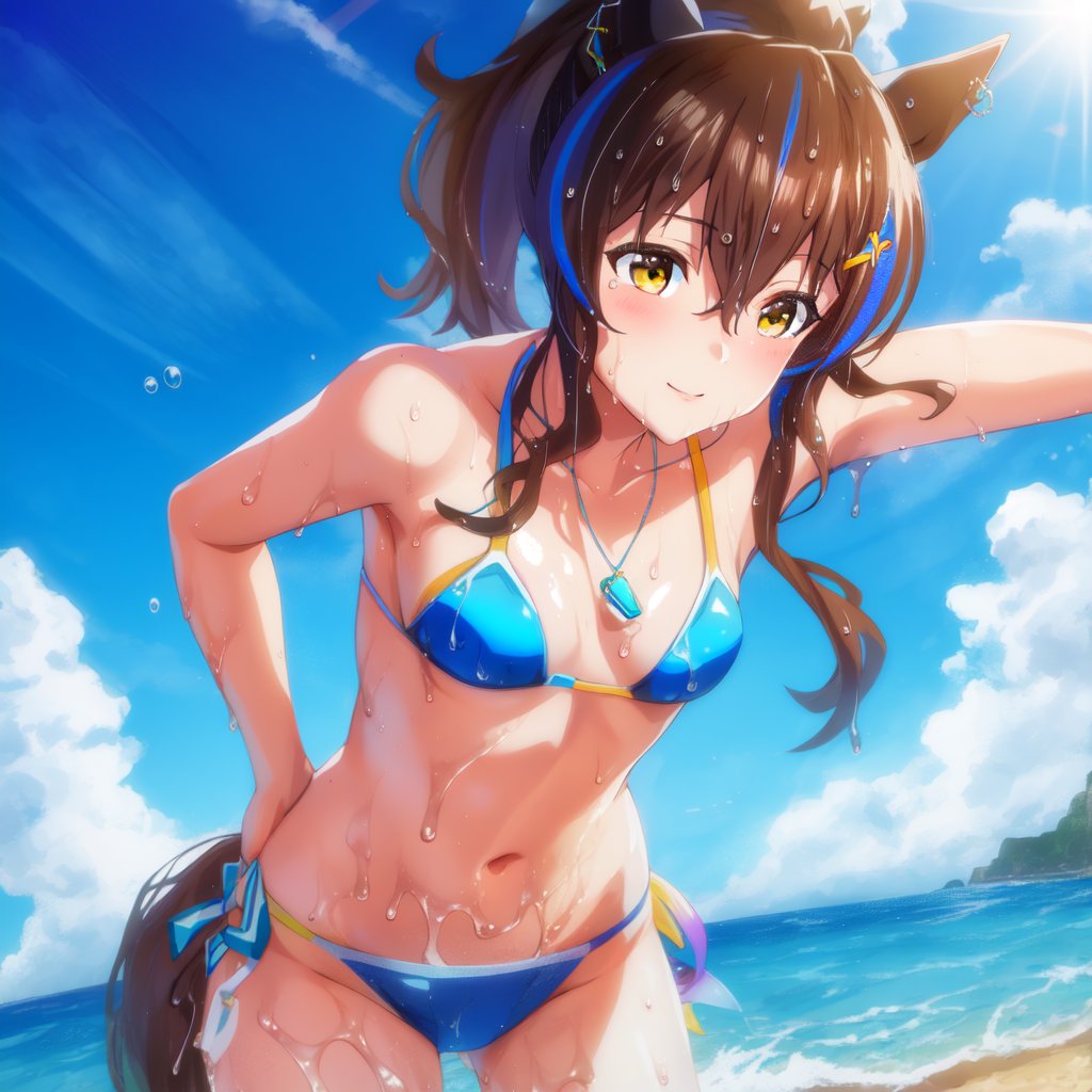 水着姿で海辺を駆けるヘリオスちゃん！ #ウマ娘 #ダイタクヘリオス #AIart