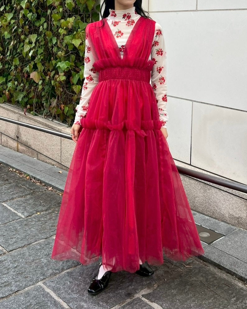 Red bouquet see-through tops (High / Round neck)