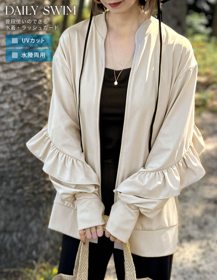 指穴付きフリルラッシュガードキーネックブルゾン - 水着/着物・浴衣