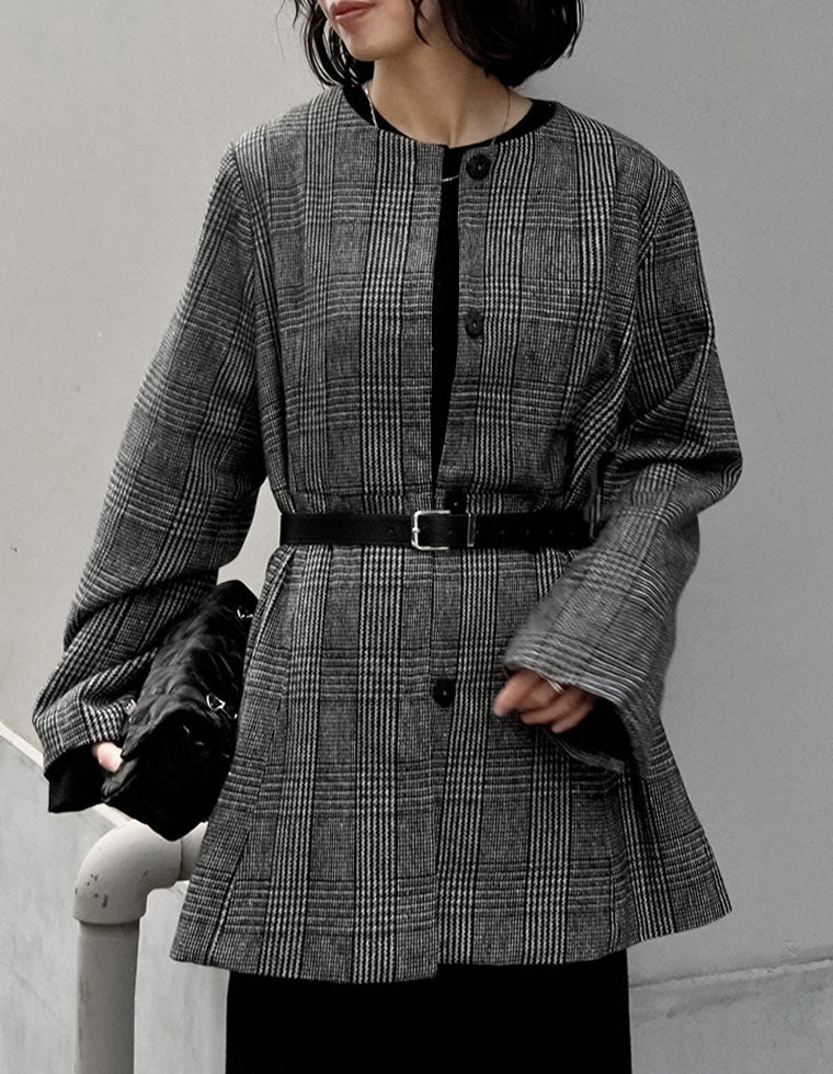 グレンチェックノーカラーフレアジャケット - ジャケット/アウター通販