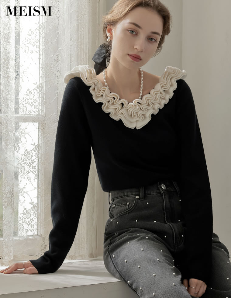 フリルVネックニットトップス - トップス通販 | 人気レディース