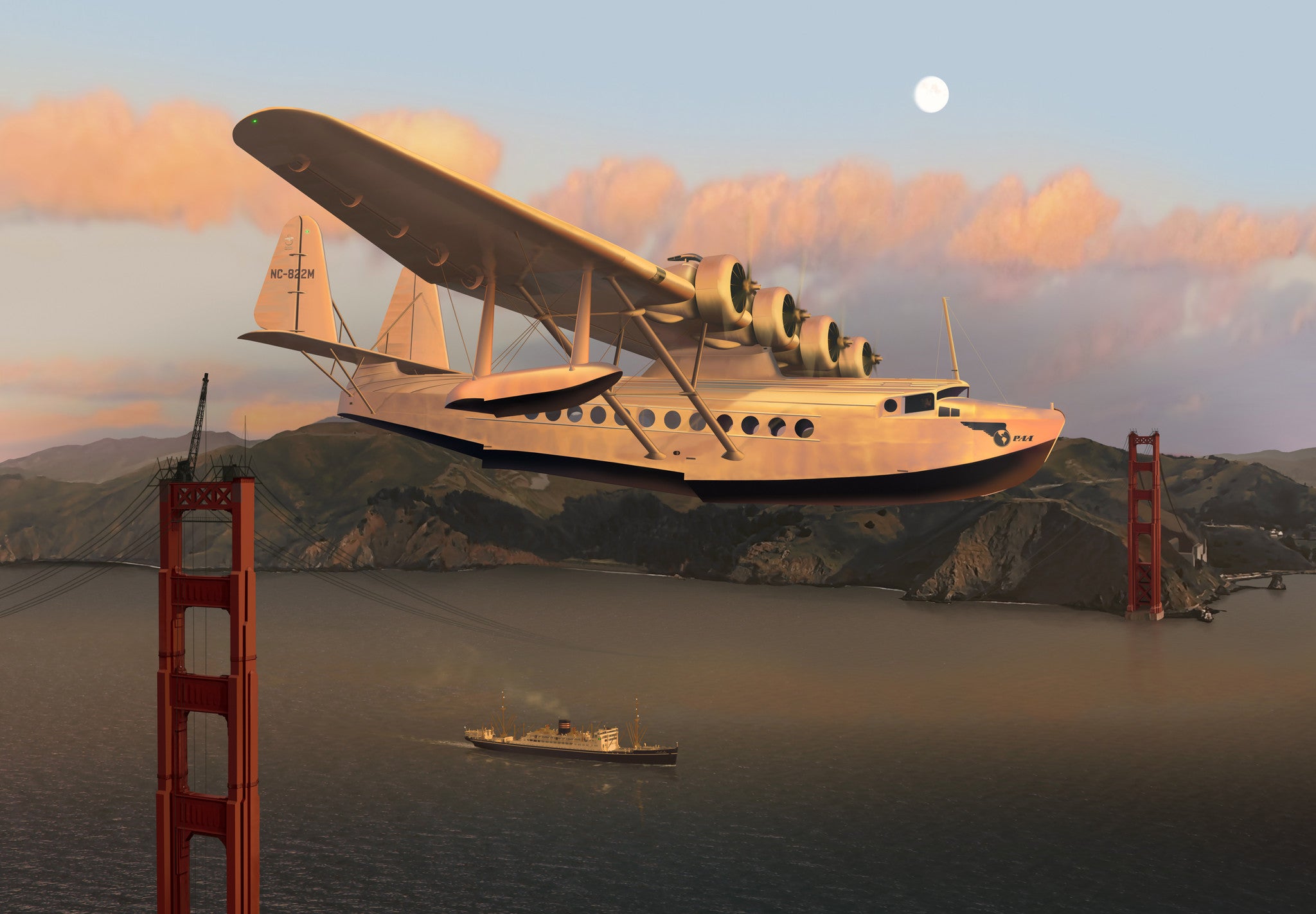 Pan Am Sikorsky S-42 Clipper over the Golden Gate Bridge