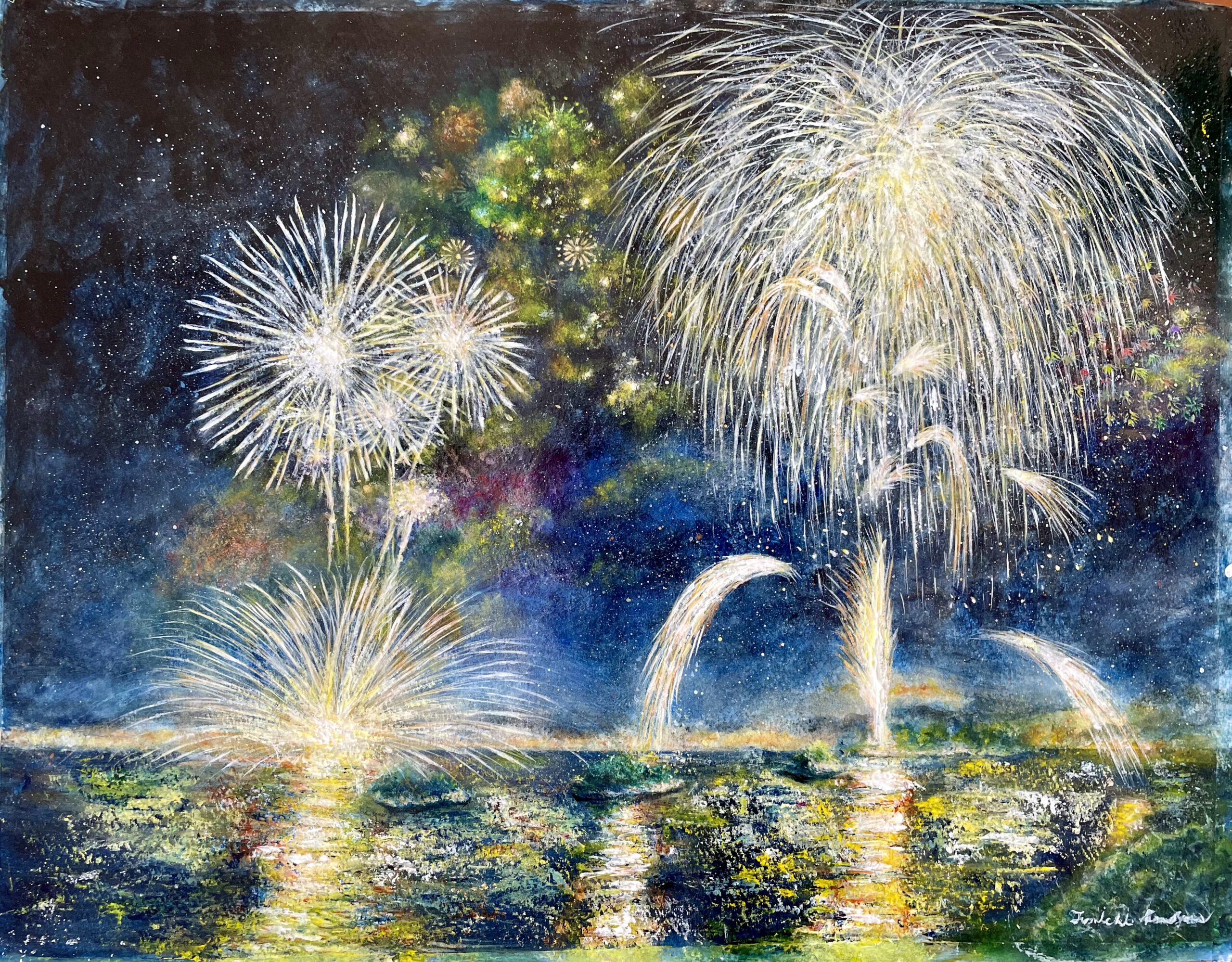 大人の趣味の絵画教室・大谷翔平と夏の風物詩の花火をアクリル絵の具で