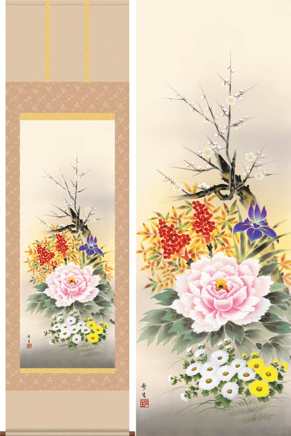 楽天市場】掛け軸 四季草花 （横山香秋） （掛軸小物なし） 送料無料