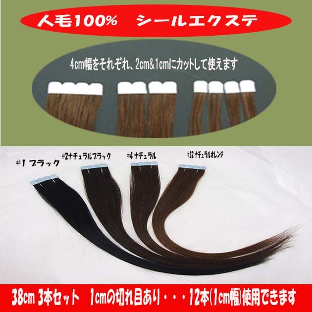 シールエクステ 人毛100% 38cm 3本セット 1cm の切れ目有 カットすれば