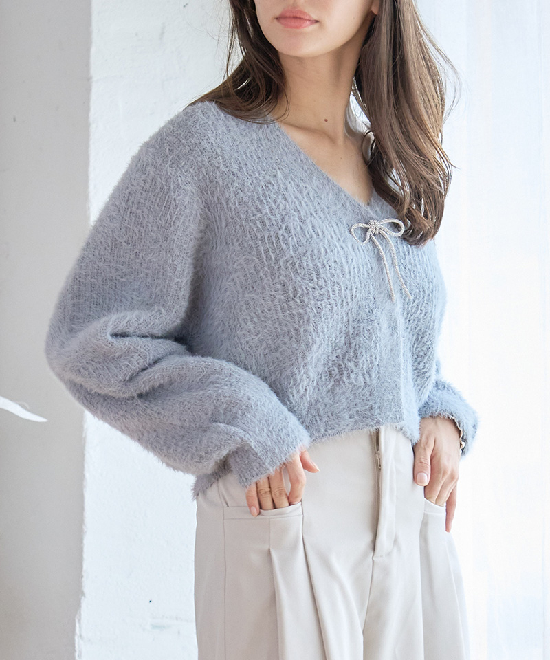 洗えるニット ビジューリボン付き フェザーニット カーディガン