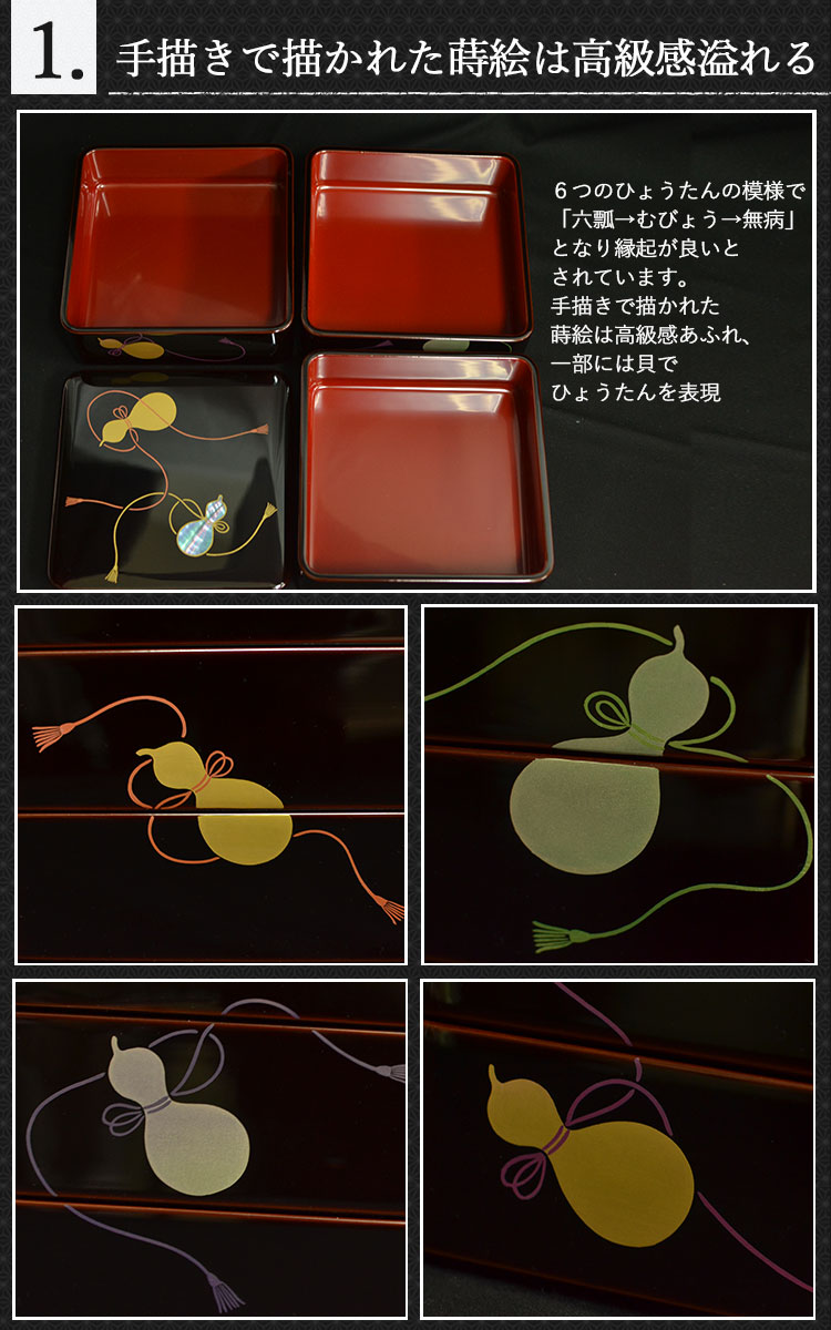 木製3段 三段重箱 越前漆器 日本製 国産 貝入り六瓢 溜内朱 6寸5〜6人