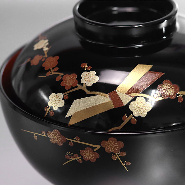 雑煮椀 フタ付き 日本製 国産 会津漆器 結び梅 黒 箱入り おしゃれ