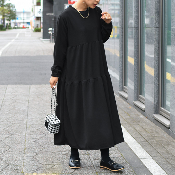 REAL STYLE ワンピース レディース 秋 春 長袖 ロング エンボス