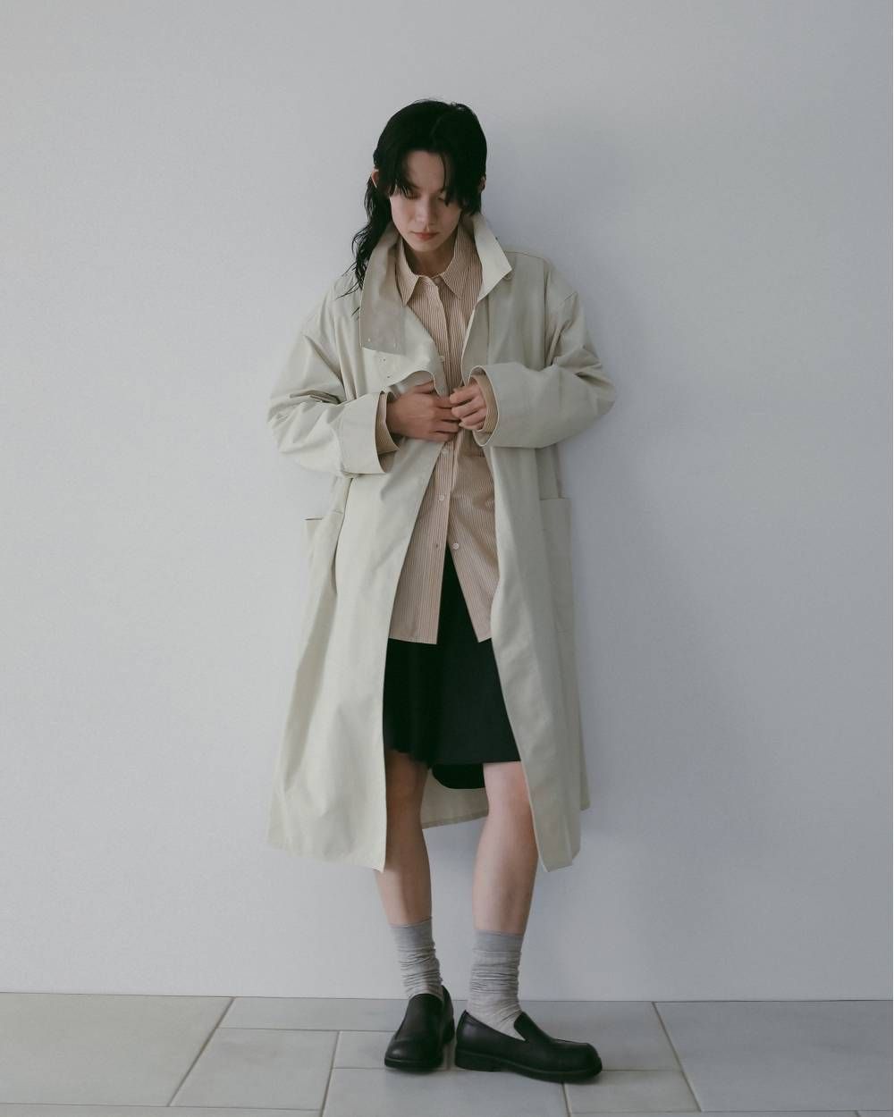 ànuke - Standcollar Long Coat (Ivory) / スリットリブニット