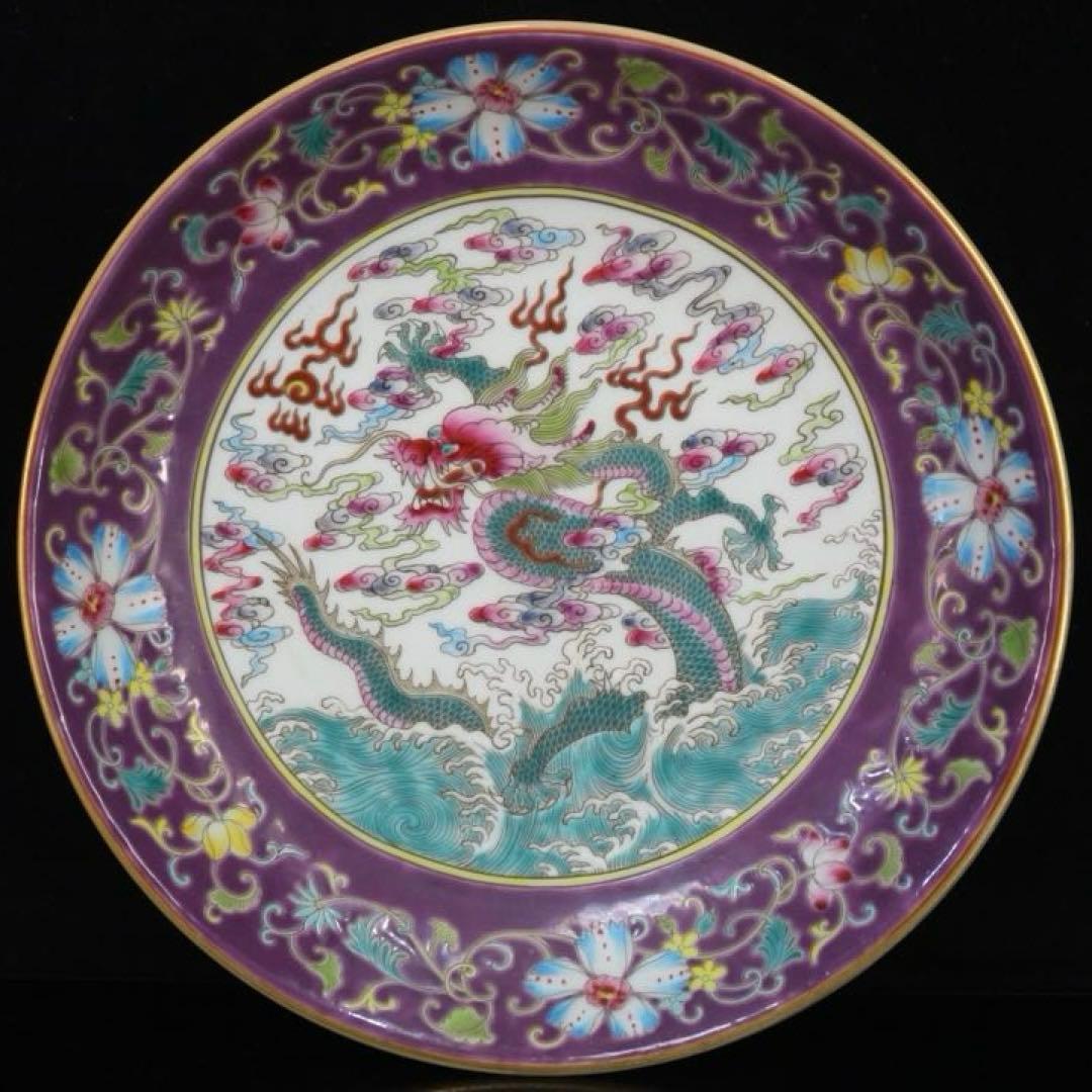 旧家蔵出　清国時代　大型　雍正琺瑯彩 海水龍紋皿 逸品　置物