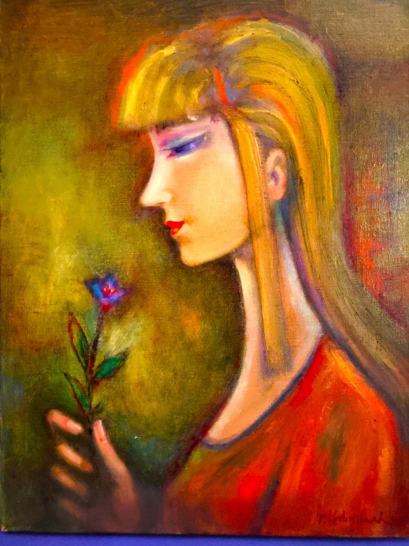 油彩画 花を持つ少女 小泊芳彦作