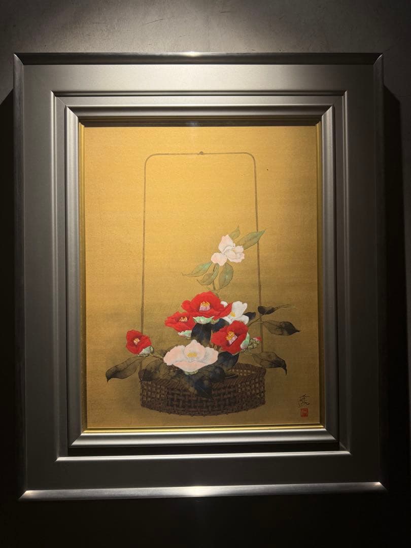 河出幸之助【椿】　肉筆日本画　直筆サインあり 掛軸○ 河出幸之助 『椿』 美品 共箱 二重箱 太巻 肉筆 【日本画