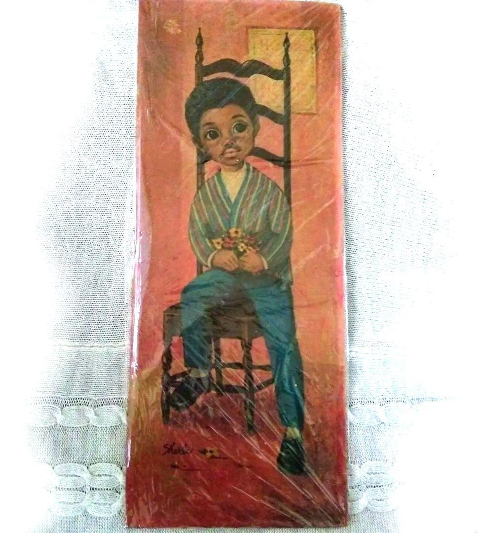 ✨ヴィンテージ✨絵画✨ビッグアイ黒人男の子 子供と歩く黒人のイエス・キリストのプリント 黒人の子供とイエスの